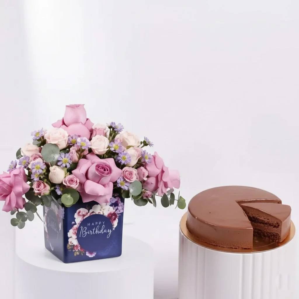 Birthday-Roses-Arrangement-With-Dubai-Cake-by-Warda-Petals