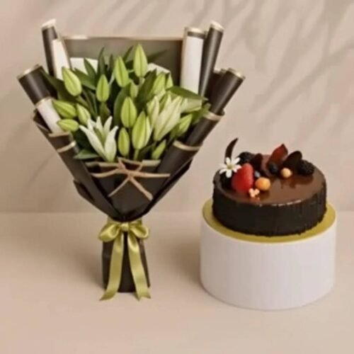 Luxury-Lilies-With-Chocolate-Fudge-Fantasy-Cake-by-Warda-Petals