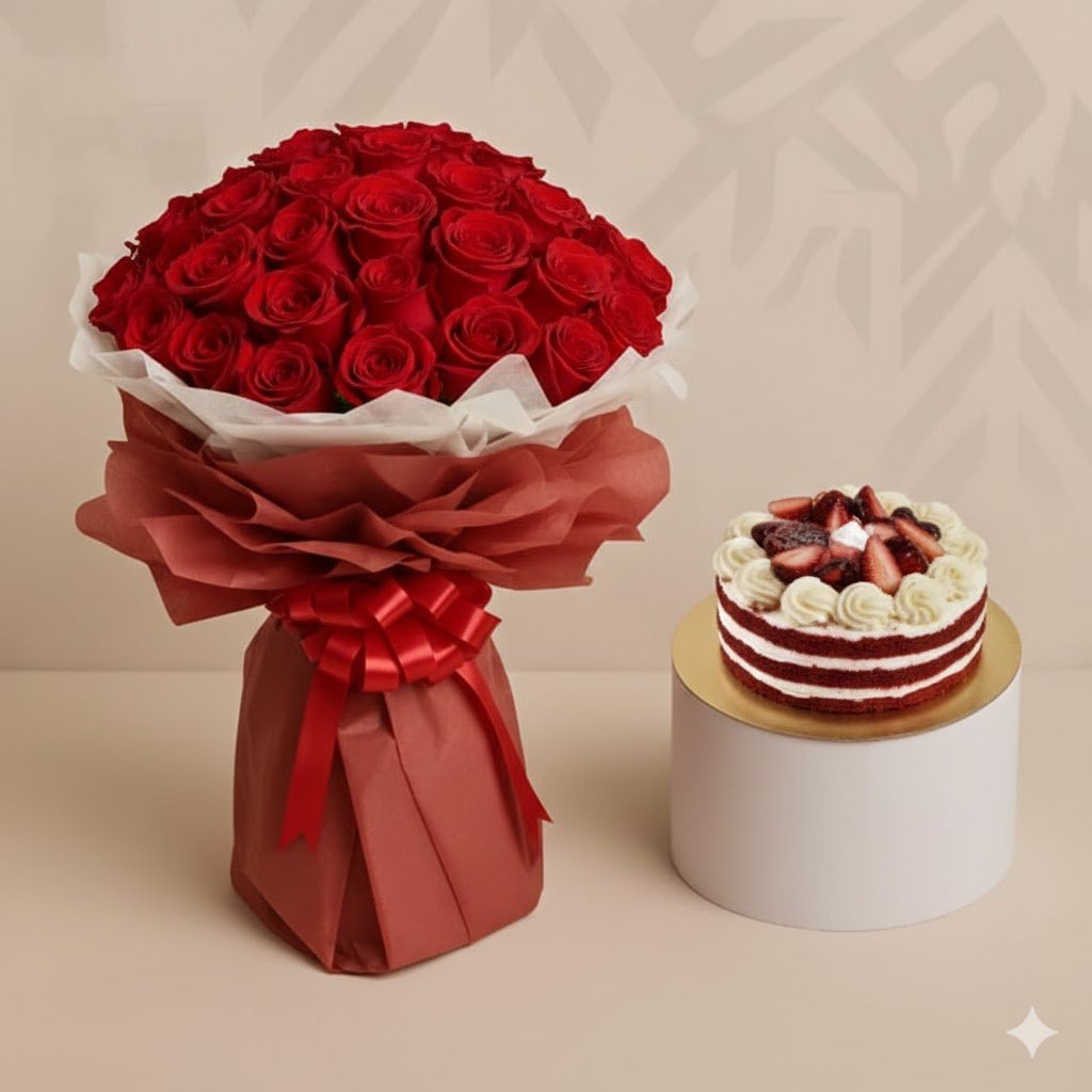 Majestic Red Roses With Red Velvet Birthday Cake by Warda Petals