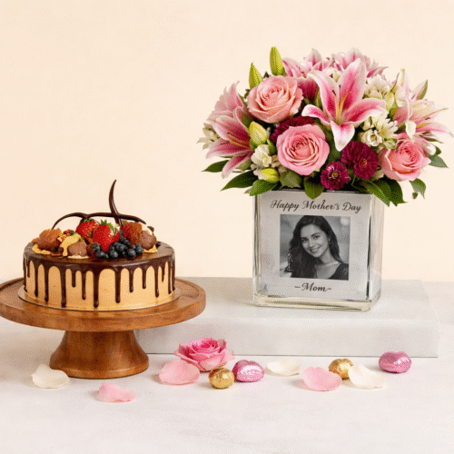Personalised Birthday Flowers Vase n Cake by Warda Petals