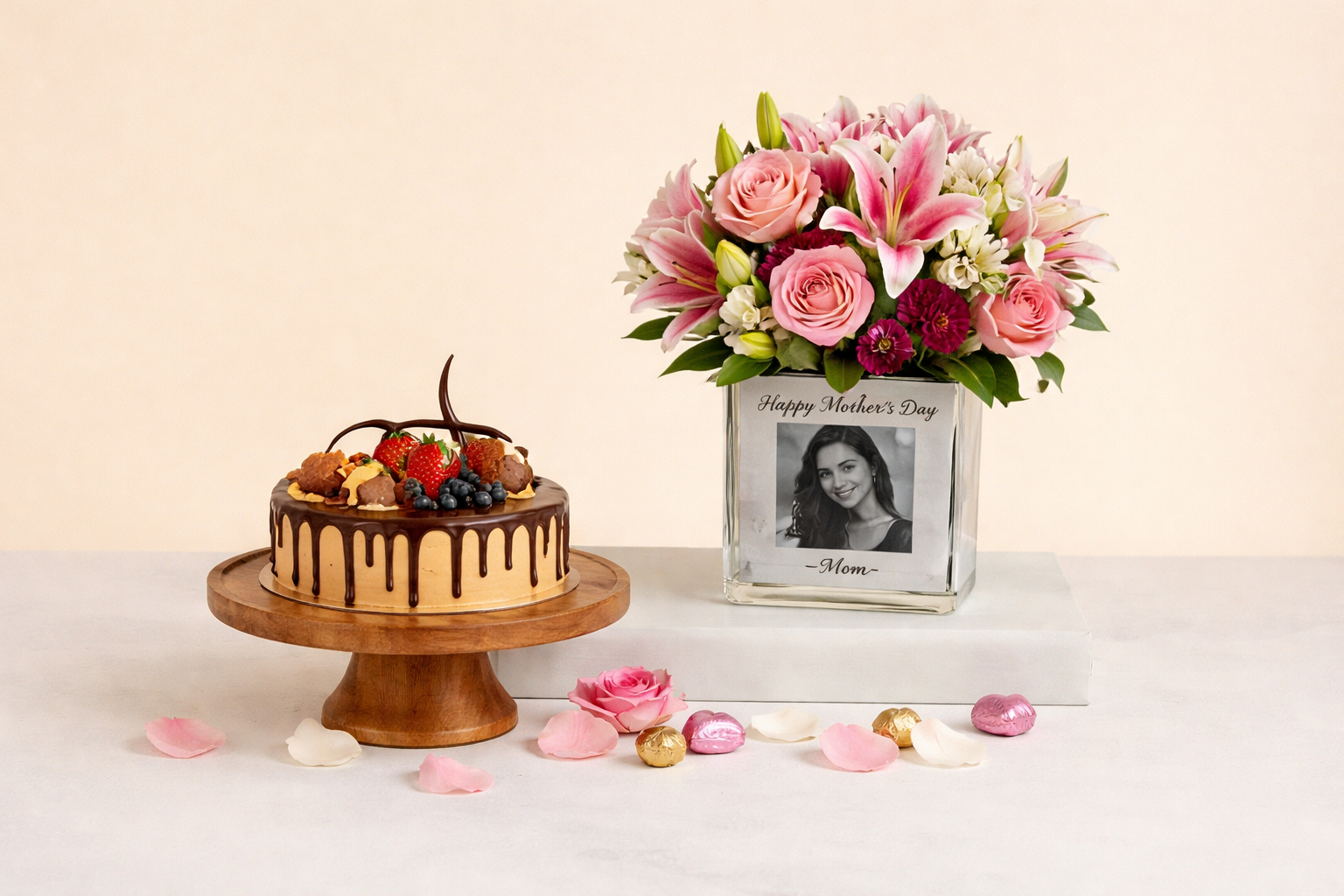 Personalised Birthday Flowers Vase n Cake by Warda Petals