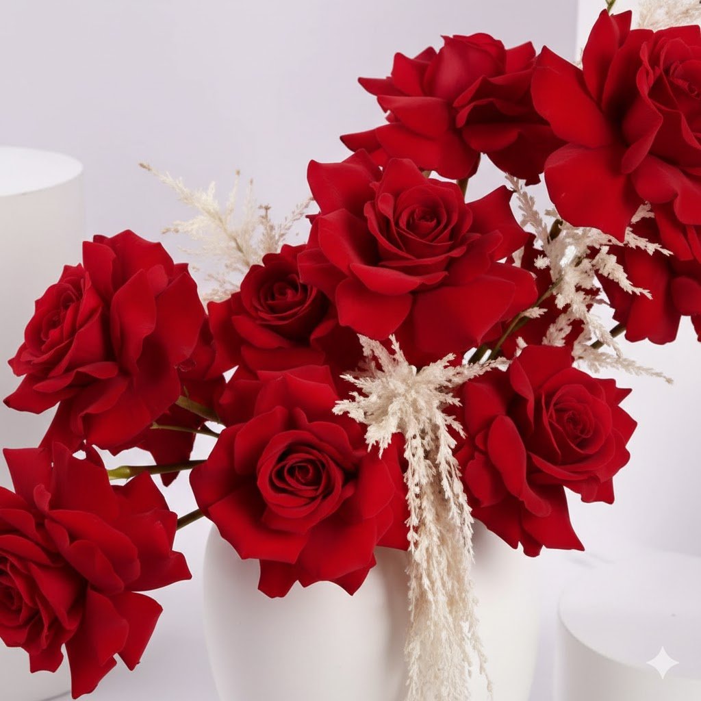 Red Rose Flower Arrangement in White Ceramic Vase by Warda Petals