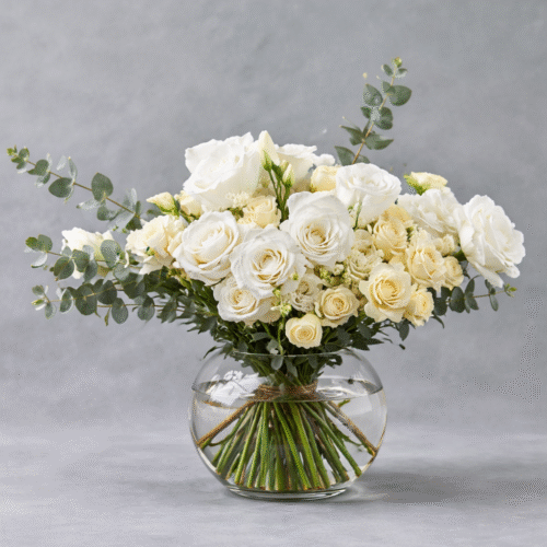 Spray Roses with White Lisianthus in Fish Bowl by Warda Petals