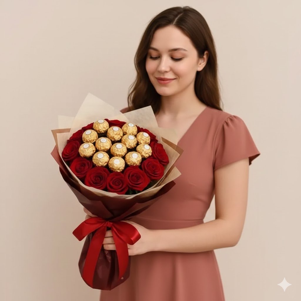 Sweet N Fragrant – Red Roses & Ferrero Rocher Gift by Warda Petals