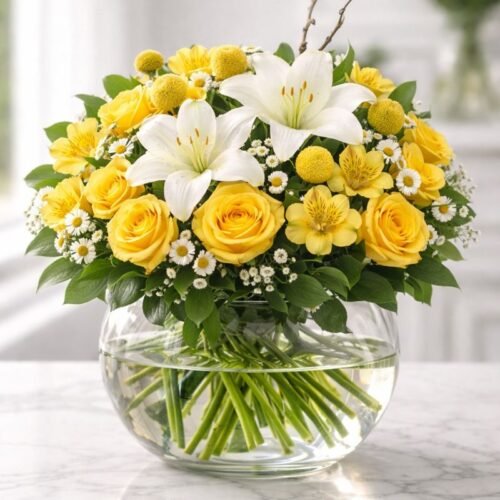 Yellow Roses and Lilies in Fish Bowl by Wardapetals