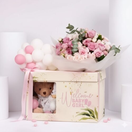 Baby Girl Gift Box with Flowers, Teddy & Balloons by Warda Petals