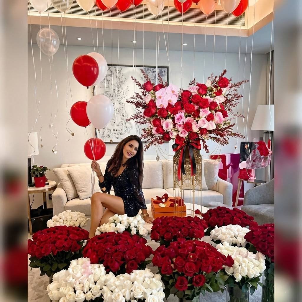 Balloons with Room Full of Roses – Red & White Roses with Balloons by Warda Petals