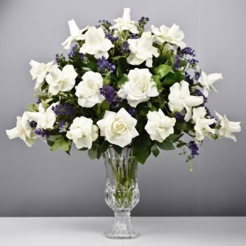 Beauty of White and Blue Flowers Vase by Warda Petals