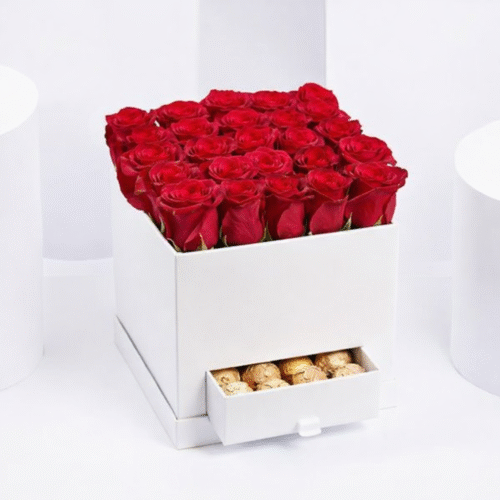 Classic Red Roses Arrangement In White Box – Roses & Chocolates by Warda Petals