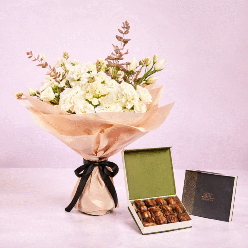 Eid Floral Arrangement With Baklawa Box by Warda Petals