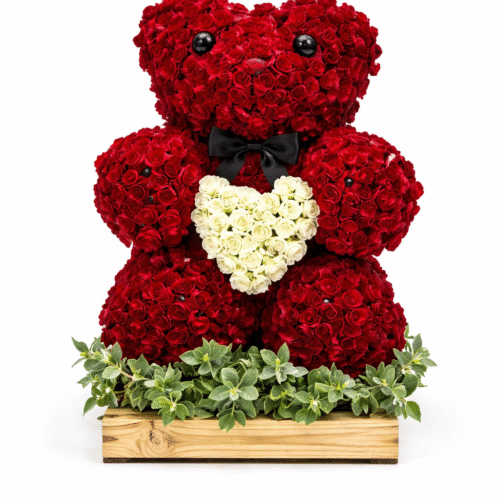 Fresh Rose Teddy with Heart – Unique Red & White Baby Roses Arrangement by Warda Petals