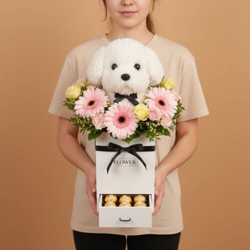 Hugs and Cuddles Flower Box with Ferrero Rocher by Warda Petals