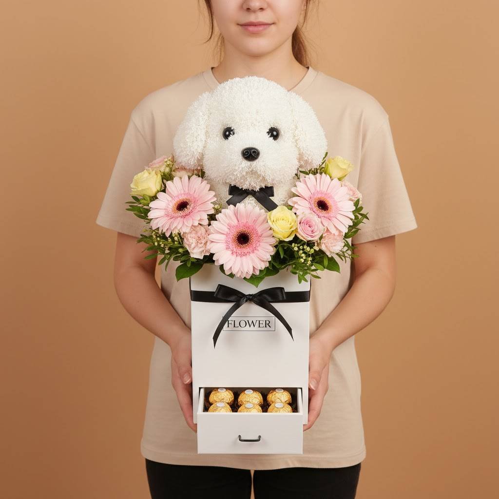 Hugs and Cuddles Flower Box with Ferrero Rocher by Warda Petals