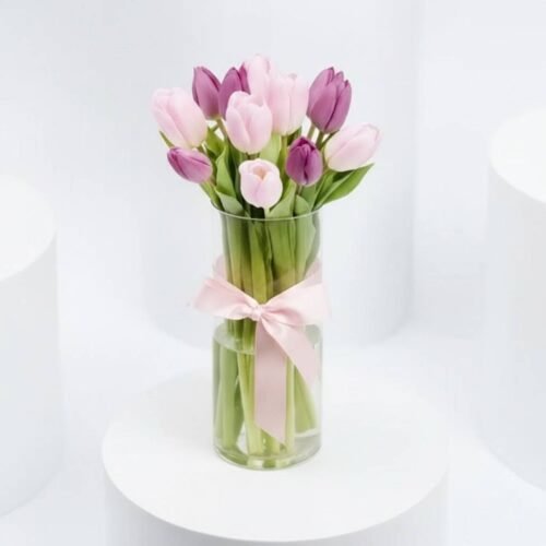 Luxurious Blush and Purple Tulip Arrangement in Glass Vase by Warda Petals