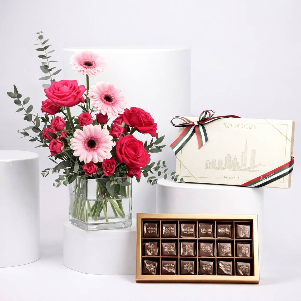 Luxury Emirati Womens Day Flower Arrangement And Dubai Chocolate