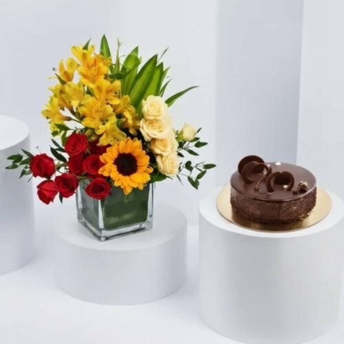 Mix Flowers and Chocolate Fudge Combo by Warda Petals
