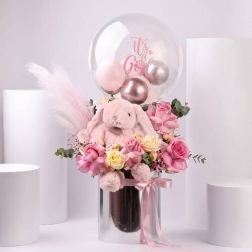 New Born Girl Bloom Hug Box – Fresh Roses, Balloon & Plush Gift by Warda Petals