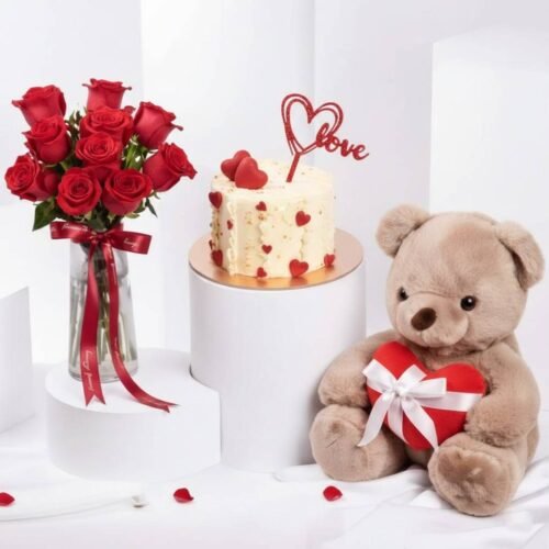 Perfect Combo For Loved One – Roses, Red Velvet Cake & Teddy by Warda Petals