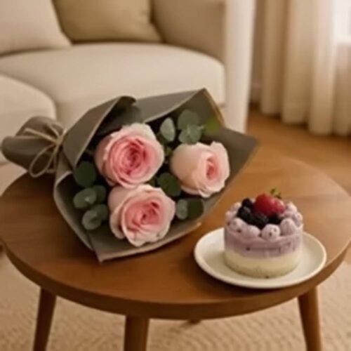 Pink Roses Bouquet Mono Cake Combo by Warda Petals