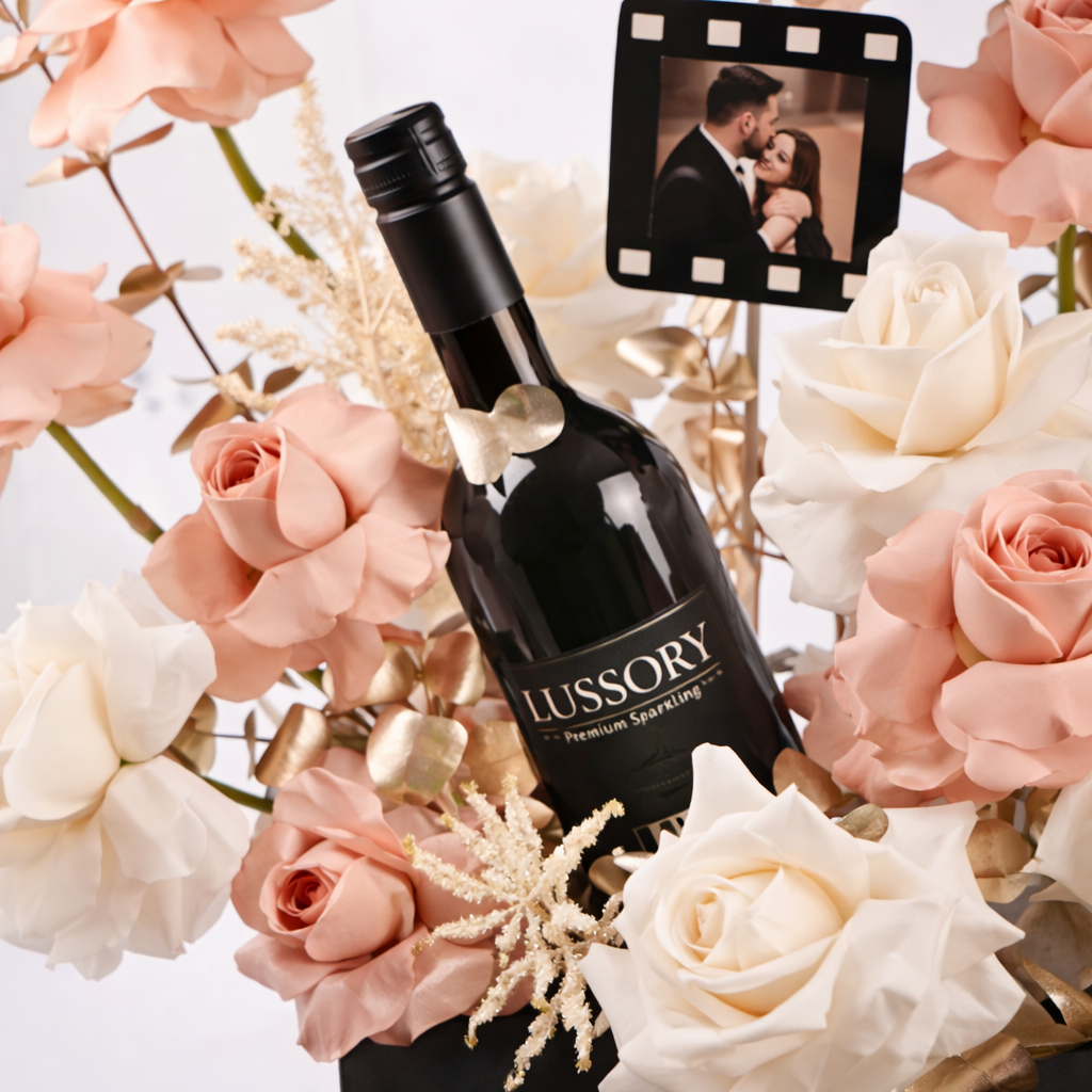 Romance Hamper – Flower Box with Balloon & Wine by Warda Petals