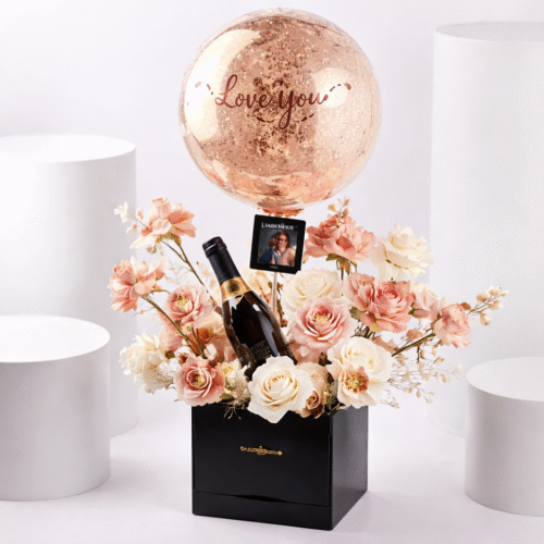 Romance Hamper – Flower Box with Balloon & Wine by Warda Petals