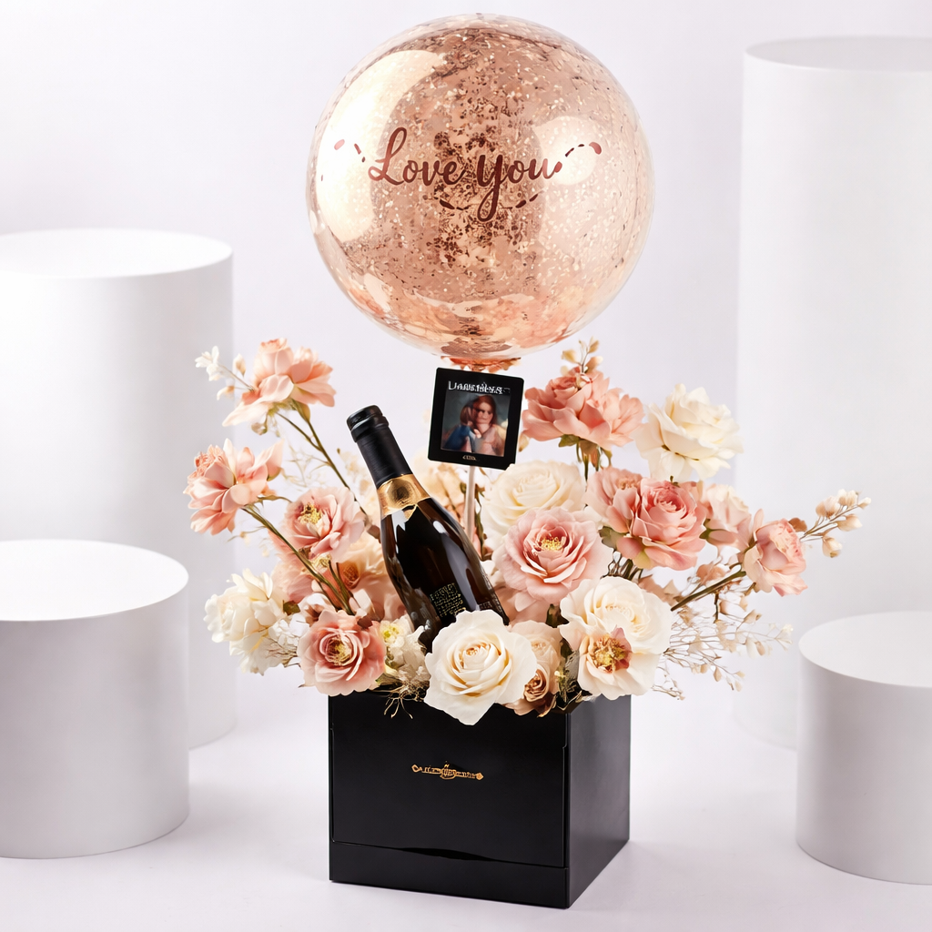 Romance Hamper – Flower Box with Balloon & Wine by Warda Petals