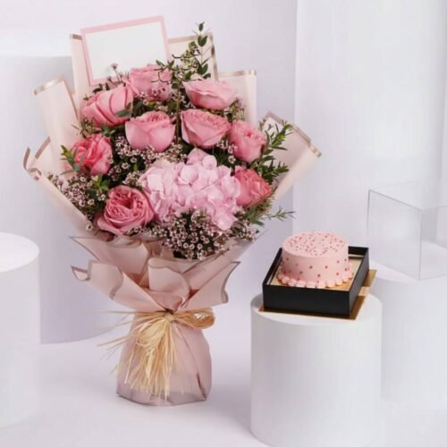 Sweet Pink Roses with Red Velvet Cake by Warda Petals