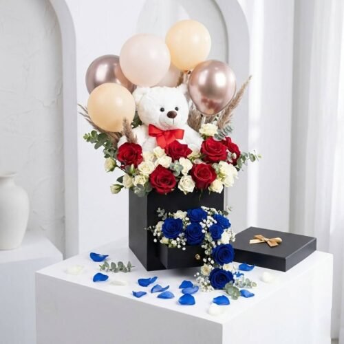 Teddy Balloon and Flower Box with Chocolates – Roses, Plush & Balloons by Warda Petals