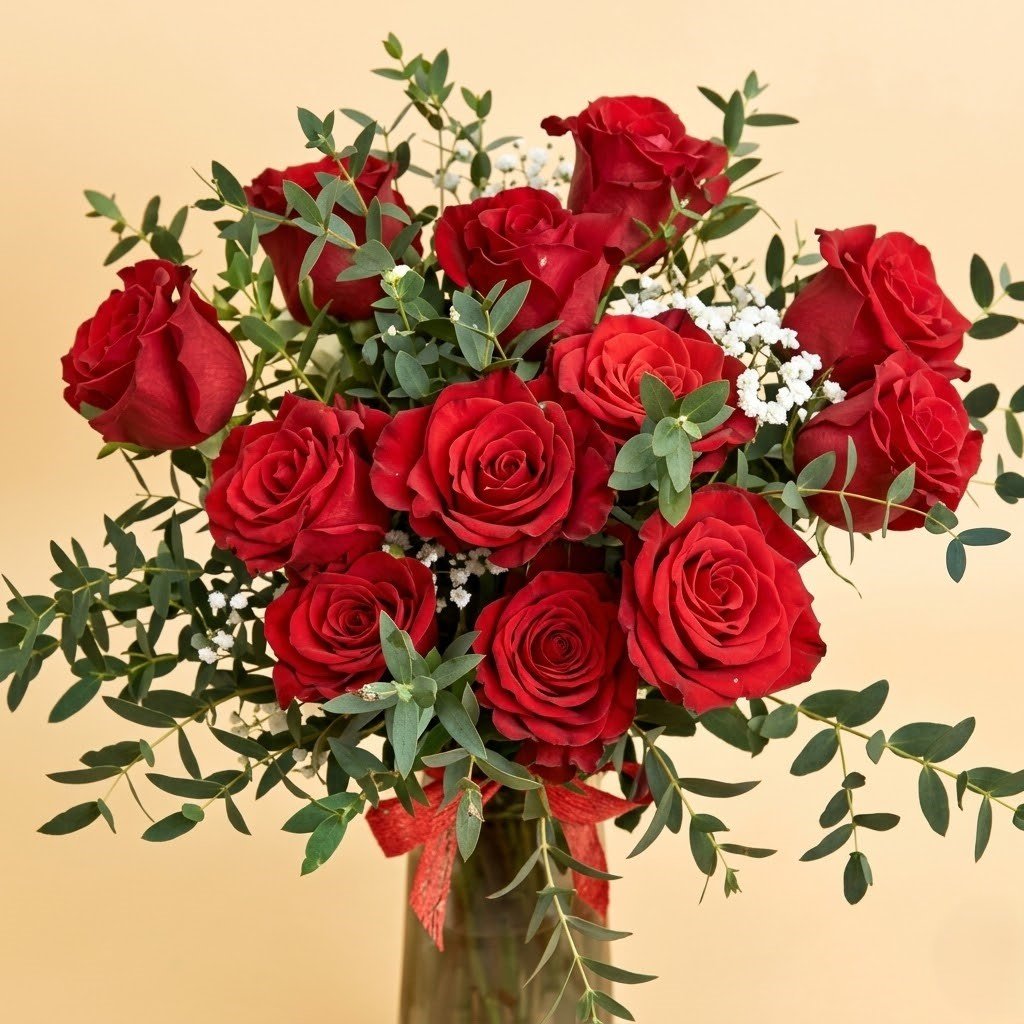 12 Red Rose in Premium Vase by Warda Petals