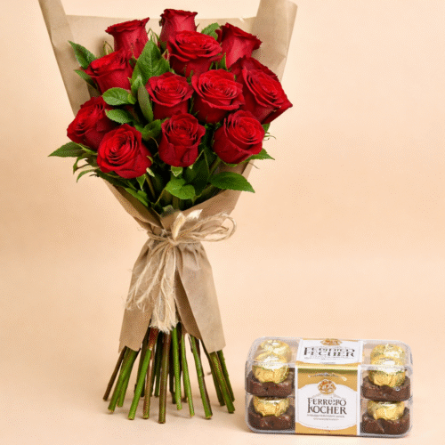 12 Red Roses Bouquet And Chocolates – Red Roses with Ferrero Rocher Gift Box