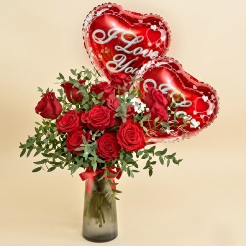 12 Red Roses in Premium Vase with Balloons – Romantic Floral Gift
