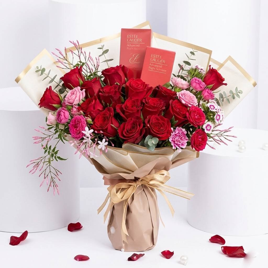 12 Roses and Chocolates Bouquet – Red Roses with Chocolate Bars by Warda Petals