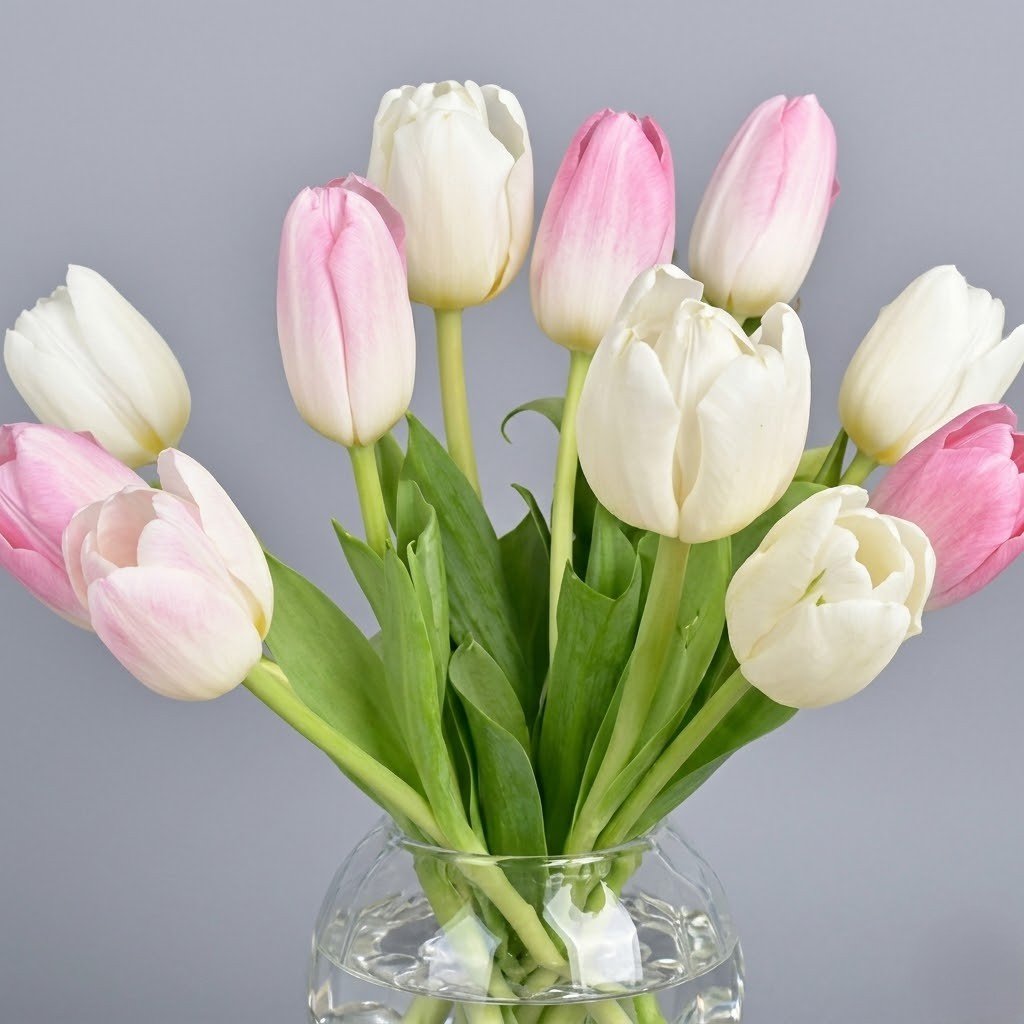 12 Tulips in Fish Bowl – Pink & White Elegant Vase Arrangement