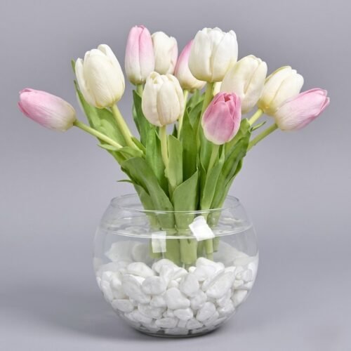 12 Tulips in Fish Bowl – Pink & White Elegant Vase Arrangement