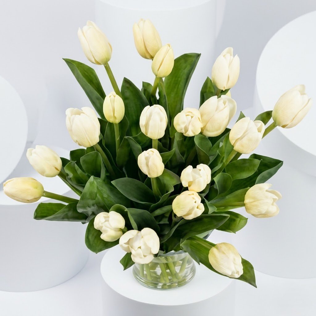 20 White Tulips in Glass Vase – Elegant Floral Arrangement