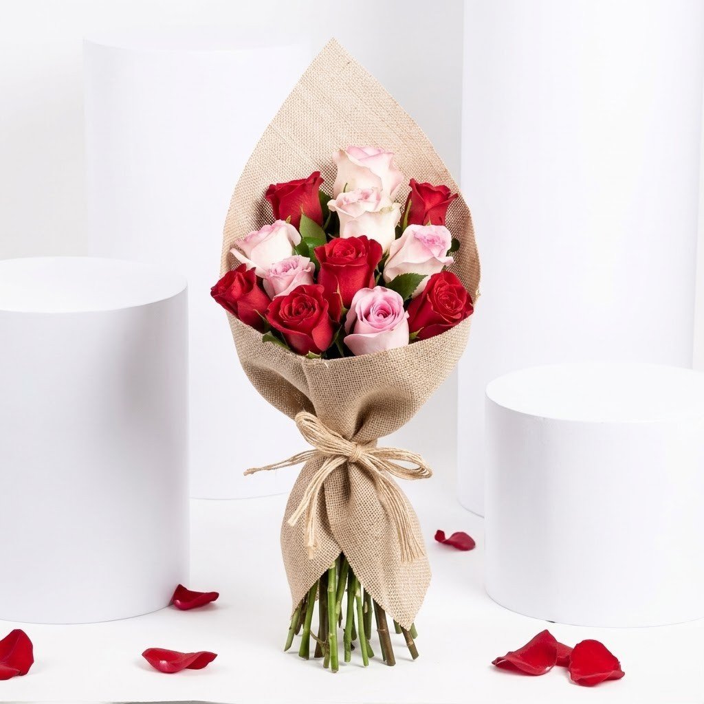 6 Pink 6 Red Roses Warmth Bouquets – Romantic Mixed Roses Gift