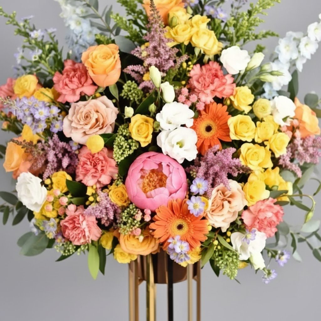 A Walk Besides You – Luxury Mixed Flower Arrangement in Premium Golden Stand by Warda Petals (2)