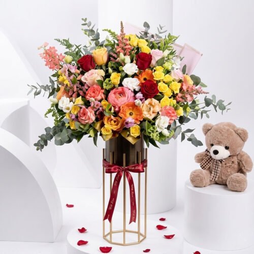 A Walk Besides You – Luxury Mixed Flower Arrangement in Premium Golden Stand by Warda Petals