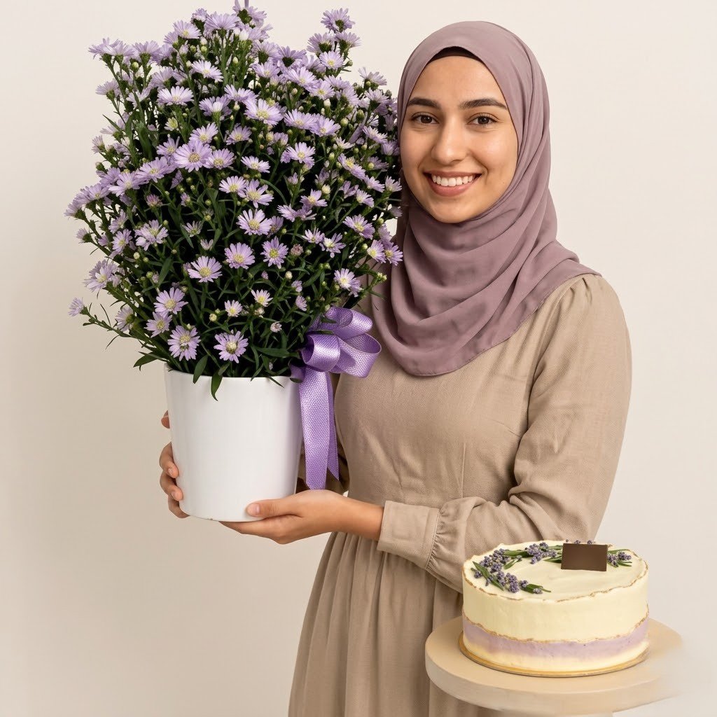 Aster Flower and Cake Combo – Purple Aster Flowers with Chocolate Cake