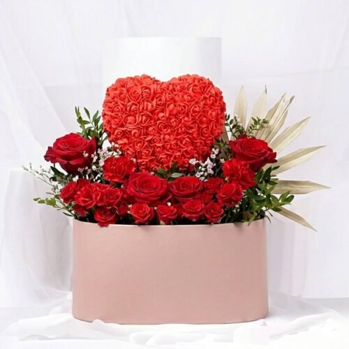 Beautiful Love Story Red Rose & Carnation Oval Box Arrangement by Warda Petals