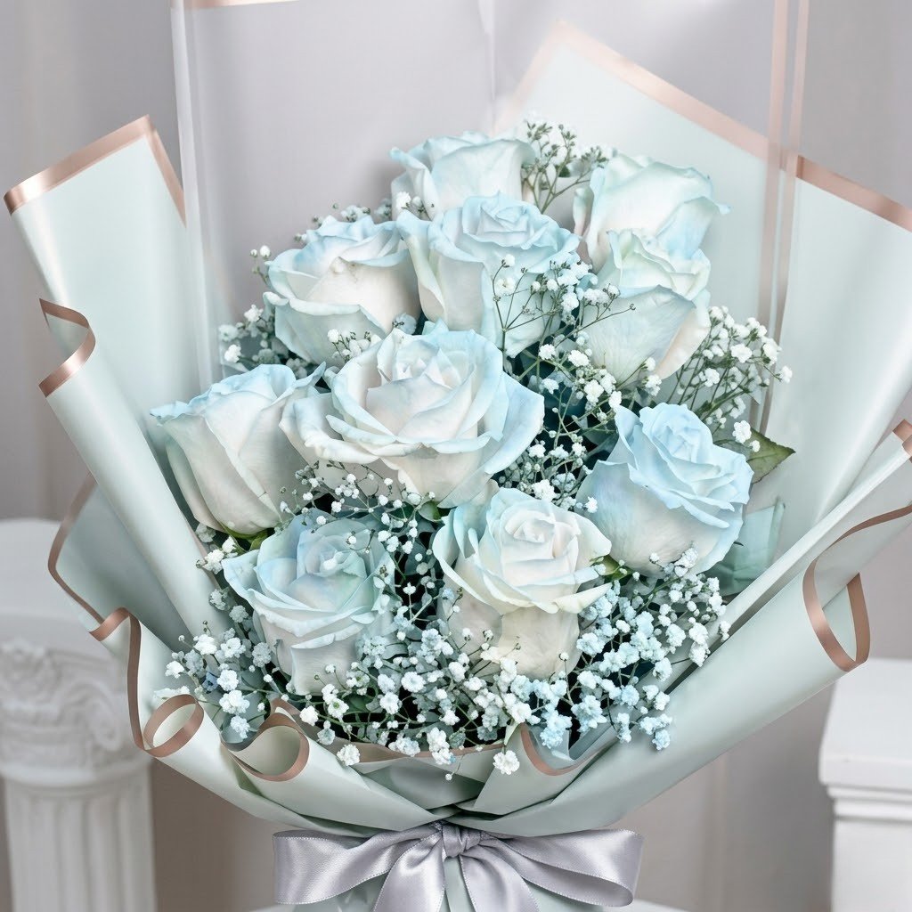 Beauty of Blue and Roses Bouquet – Light Blue Roses with Gypsophila