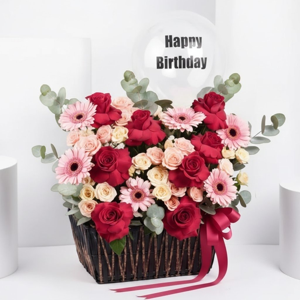 Birthday Balloon & Flower Basket – Premium Floral Celebration Arrangement by Warda Petals