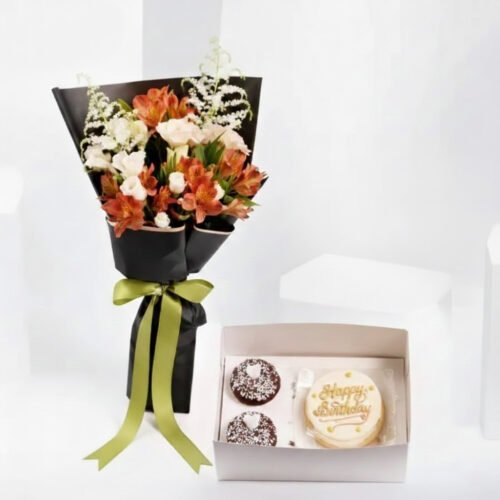 Birthday Bento Cake n Cupcakes With Flowers – Chocolate Cake & Floral Gift by Warda Petals