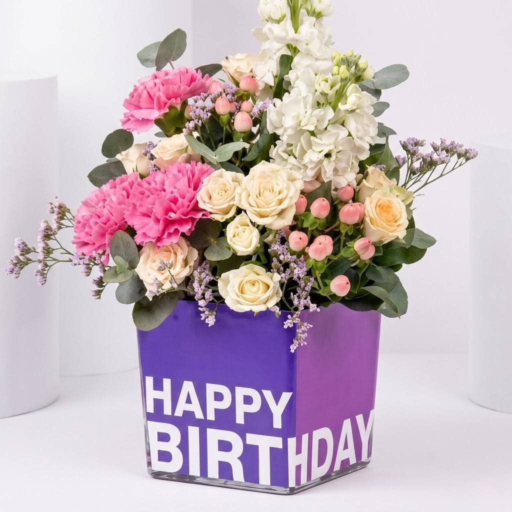 Birthday Flower Arrangement with Balloon in Happy Birthday Pot by Warda Petals