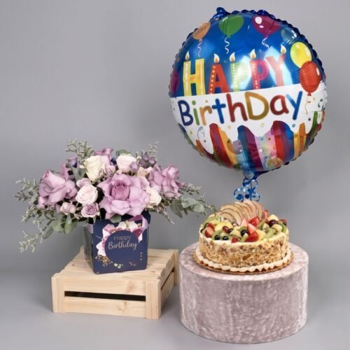 Birthday Flowers Cake And Balloon – Mixed Flowers with Fruit Cake & Balloon Gift