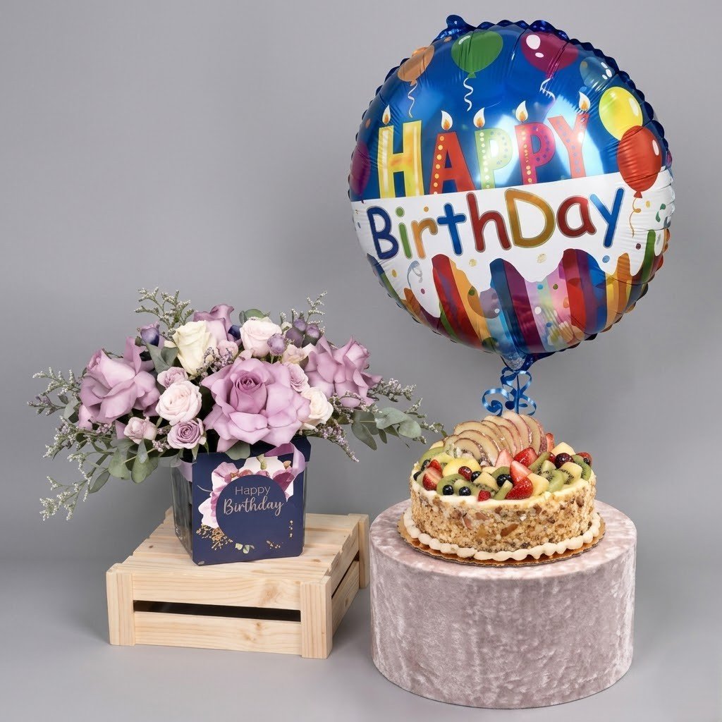 Birthday Flowers Cake And Balloon – Mixed Flowers with Fruit Cake & Balloon Gift