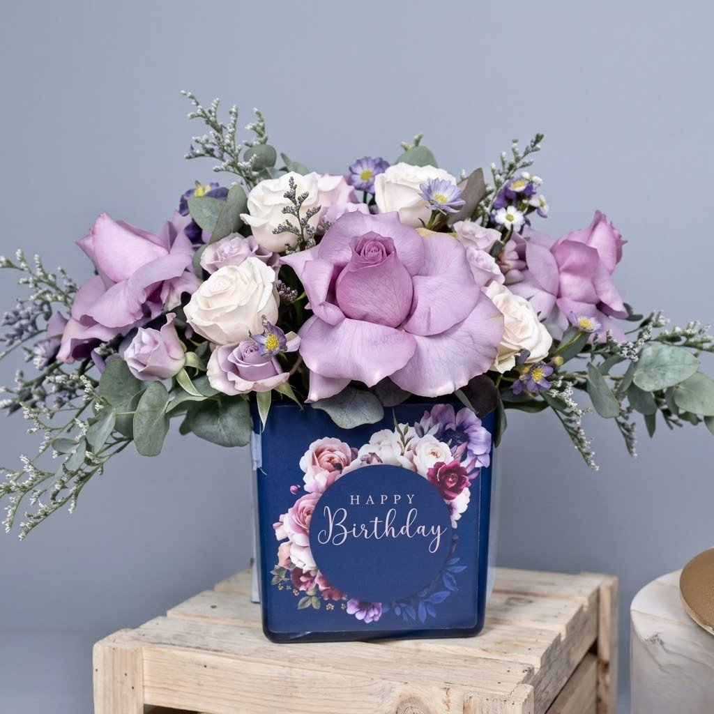 Birthday Roses Arrangement And Cake by Warda Petals