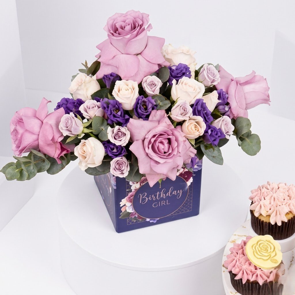 Birthday Roses with Yummy Cupcakes – Roses in Birthday Vase with 6 Vanilla Cupcakes