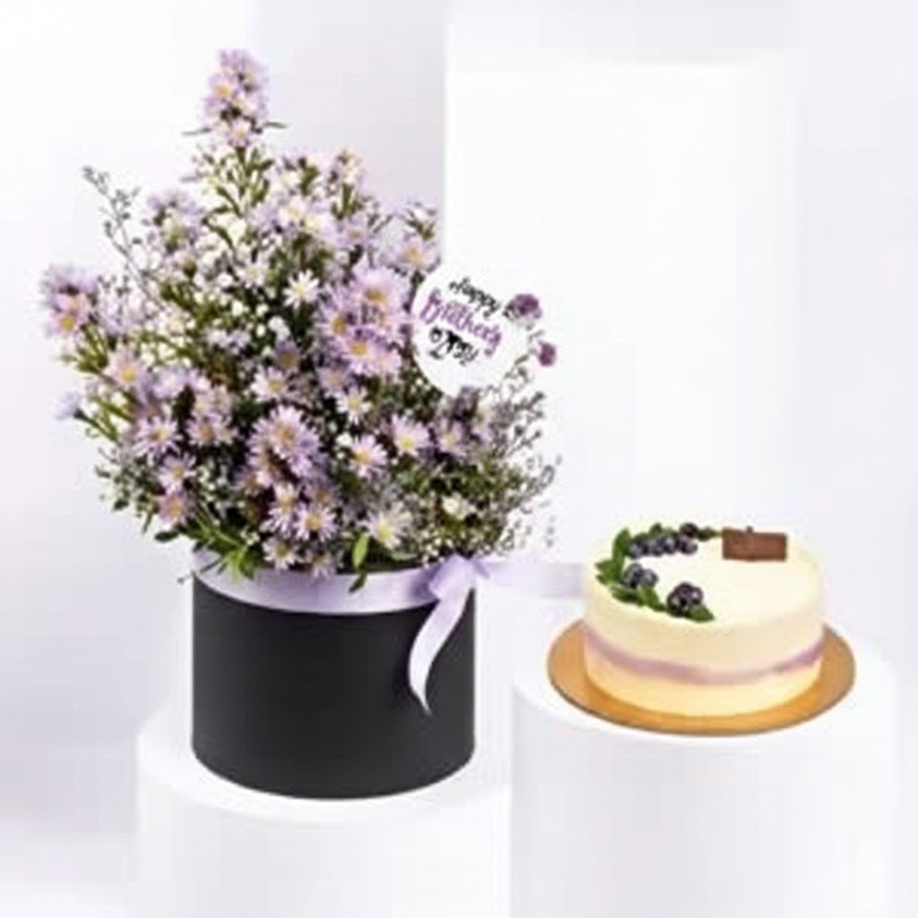 Birthday Wishes Aster Flower and Cake by Warda Petals