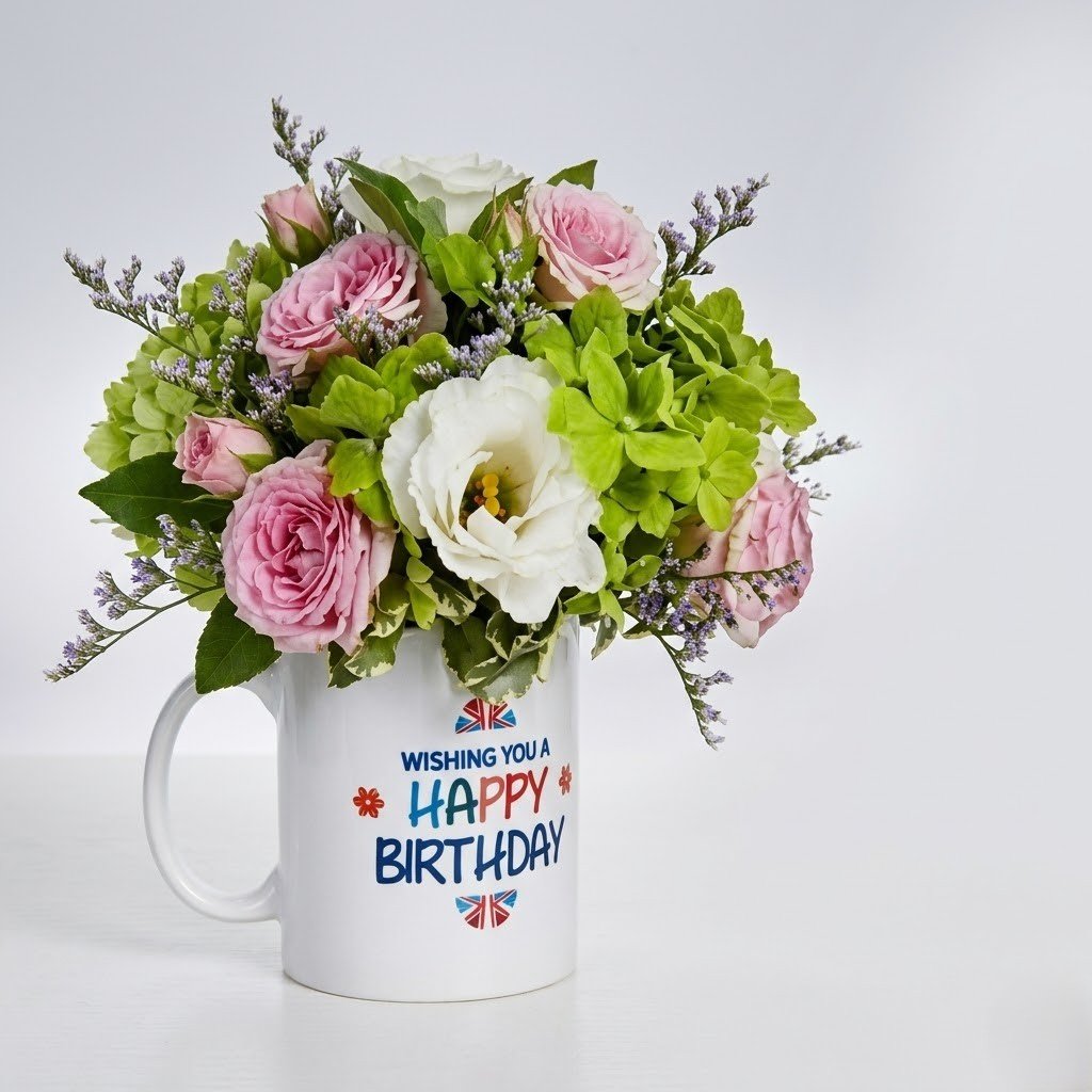Birthday Wishes Floral Mug Arrangement – Cute Flower Mug Gift